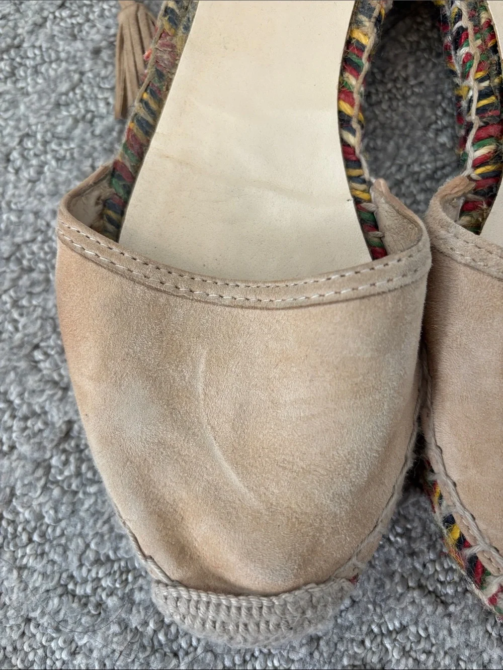 J. Crew Beige Baja Suede Wrap Tie Espadrille with Multicolor Braided Sole